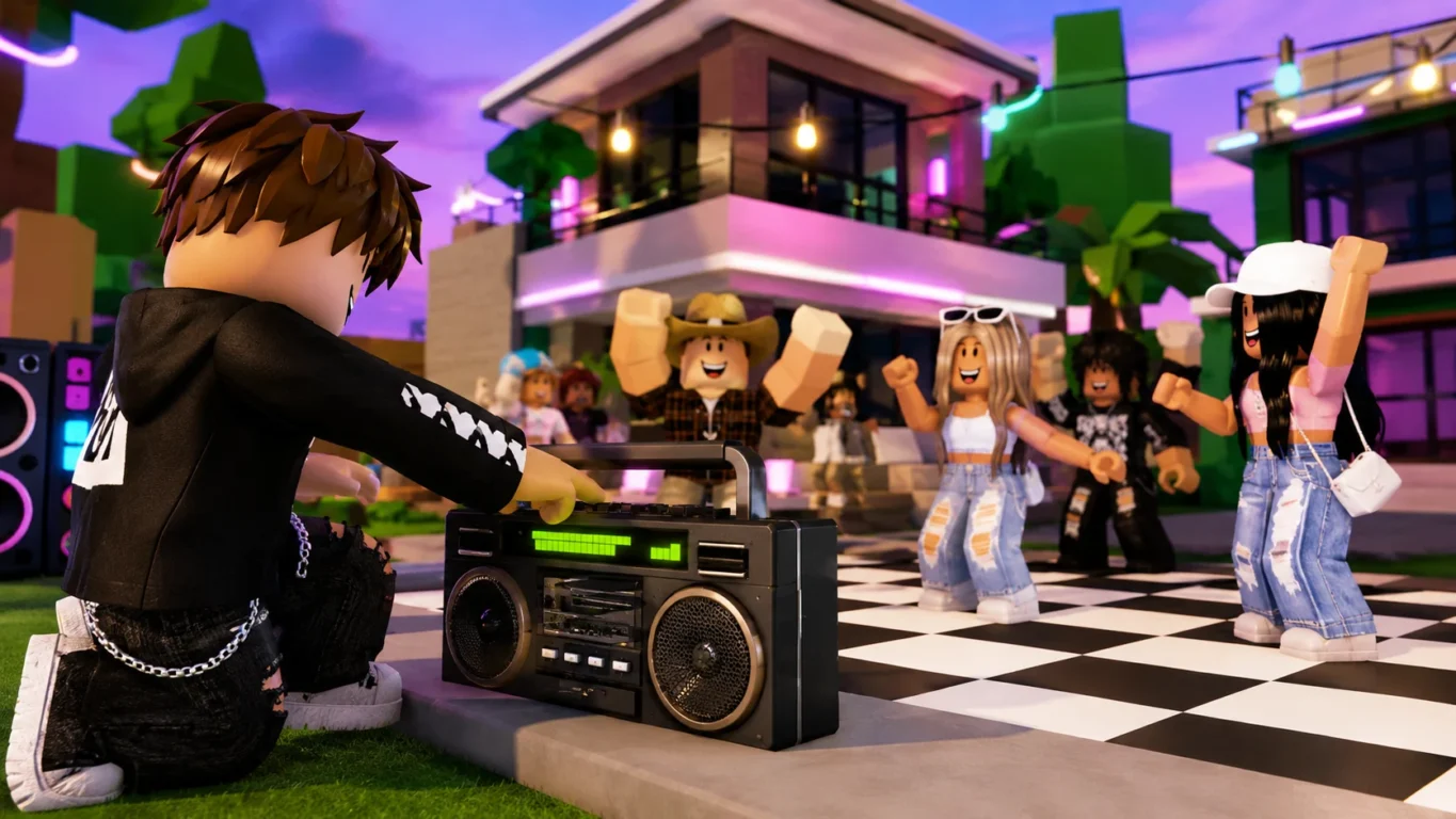 [Imagem: Jogador utilizando um rádio no Roblox enquanto outros personagens dançam ao som de Barões da Pisadinha.]