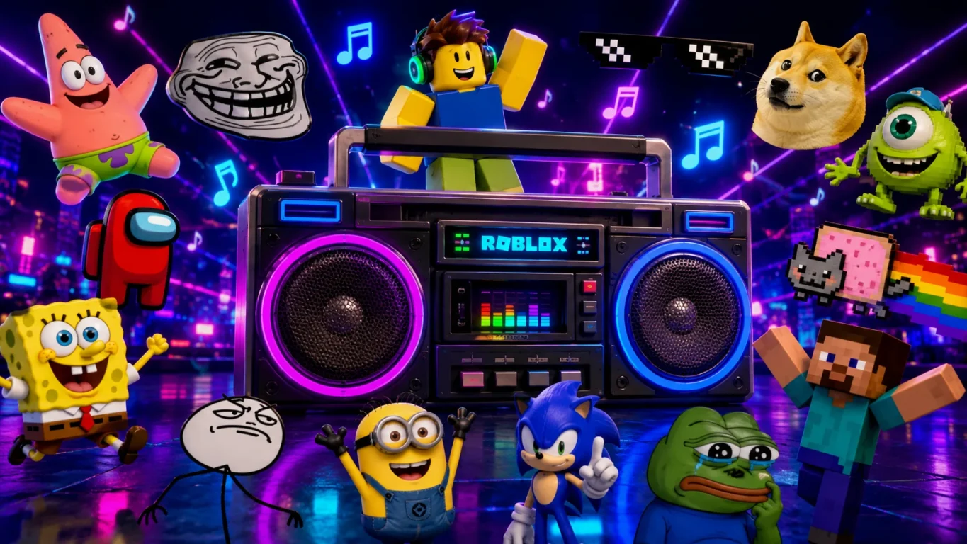 [Imagem: Boombox do Roblox cercado por ícones inspirados em memes, desenhos animados e personagens famosos.]