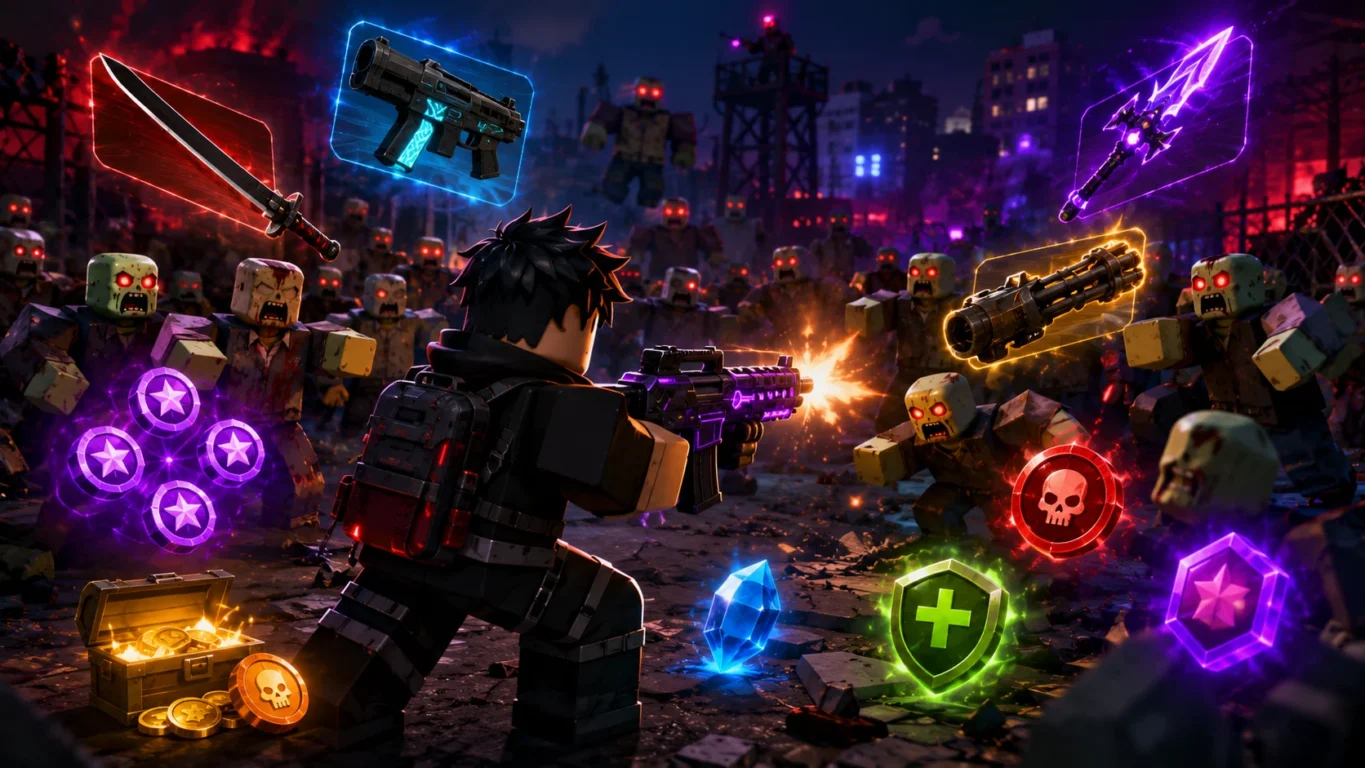 [Imagem: personagem de Hunty Zombie enfrentando uma grande horda de zumbis enquanto diferentes armas e recompensas aparecem ao redor]