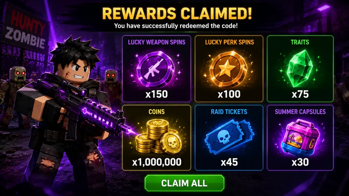 [Imagem: tela inspirada em Hunty Zombie mostrando Lucky Weapon Spins, Lucky Perk Spins, Traits, moedas e cápsulas como recompensas]