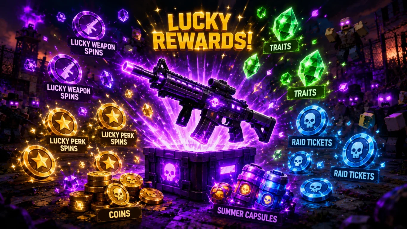 [Imagem: grande quantidade de Lucky Spins e Traits brilhando ao redor de uma arma rara em Hunty Zombie]