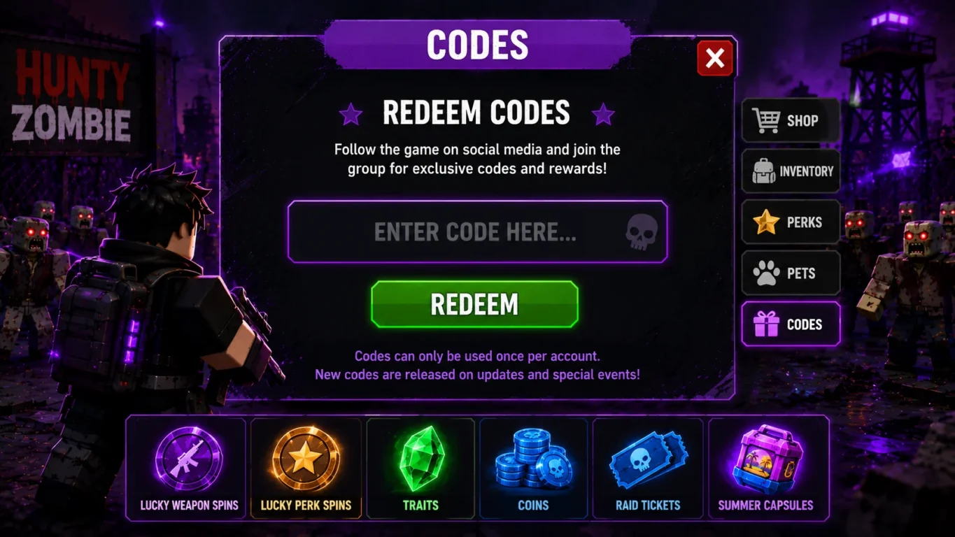 [Imagem: interface inspirada em Hunty Zombie mostrando um campo de resgate de código e botão de confirmação]