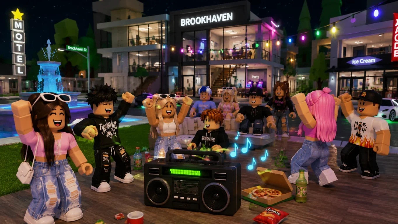 [Imagem: Grupo de jogadores reunidos em Brookhaven fazendo uma festa virtual enquanto um rádio toca música.]