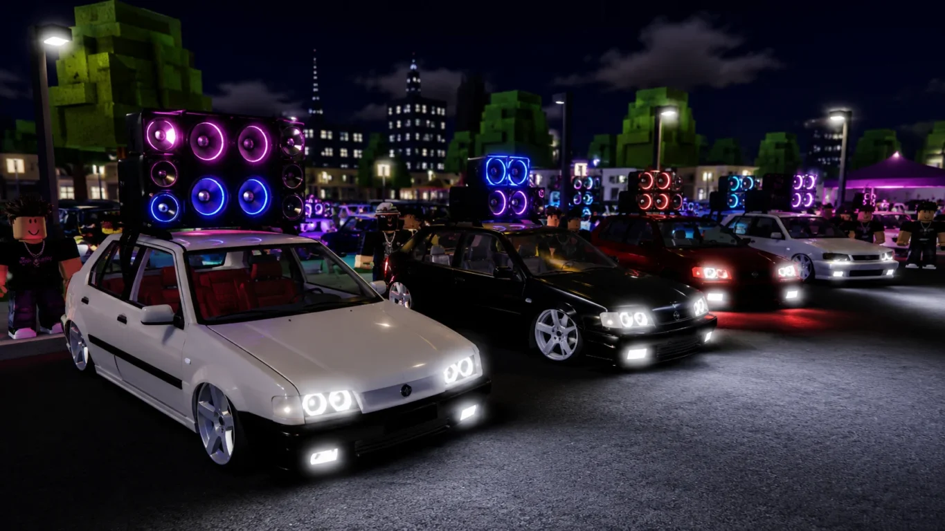 [Imagem: Carros rebaixados alinhados em um mapa do Roblox durante a noite com caixas de som iluminadas.]