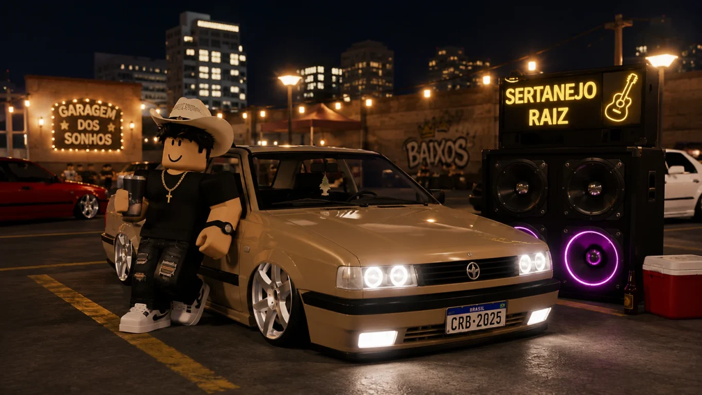 [Imagem: Avatar do Roblox ao lado de um carro rebaixado ouvindo música sertaneja em um estacionamento virtual.]