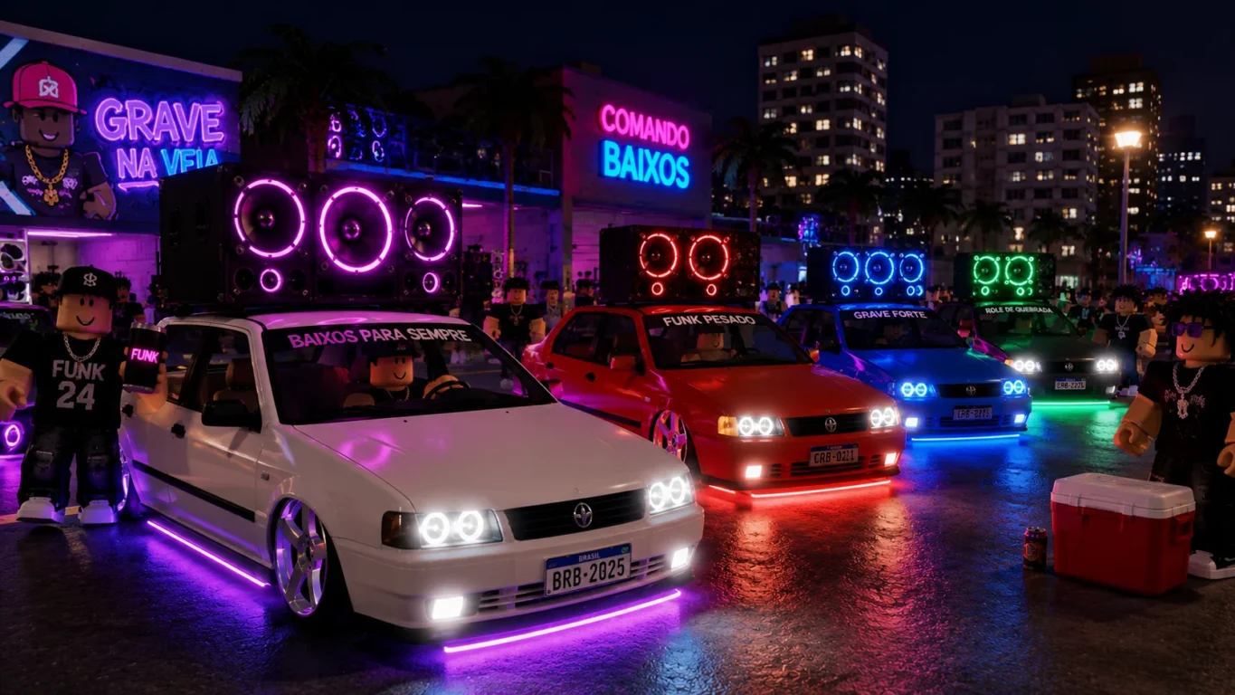 [Imagem: Comboio de carros rebaixados no Roblox com iluminação neon e caixas de som tocando funk.]