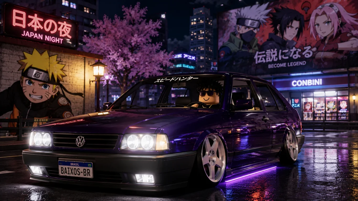 [Imagem: Avatar dirigindo um carro rebaixado no Roblox com elementos inspirados em animes ao fundo.]