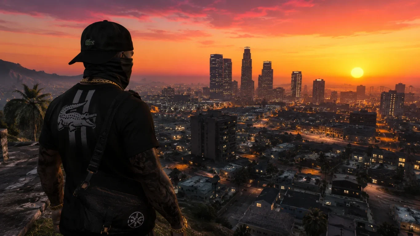 [Imagem: Personagem de GTA Roleplay vestido como integrante de uma facção observando uma cidade durante o pôr do sol.]