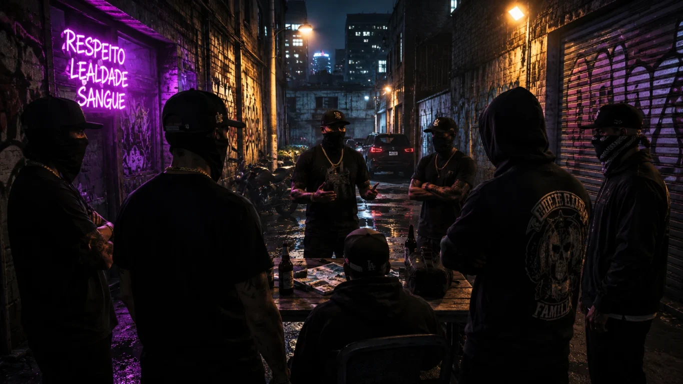 [Imagem: Grupo de criminosos reunidos em um beco iluminado por luzes neon durante uma reunião secreta.]