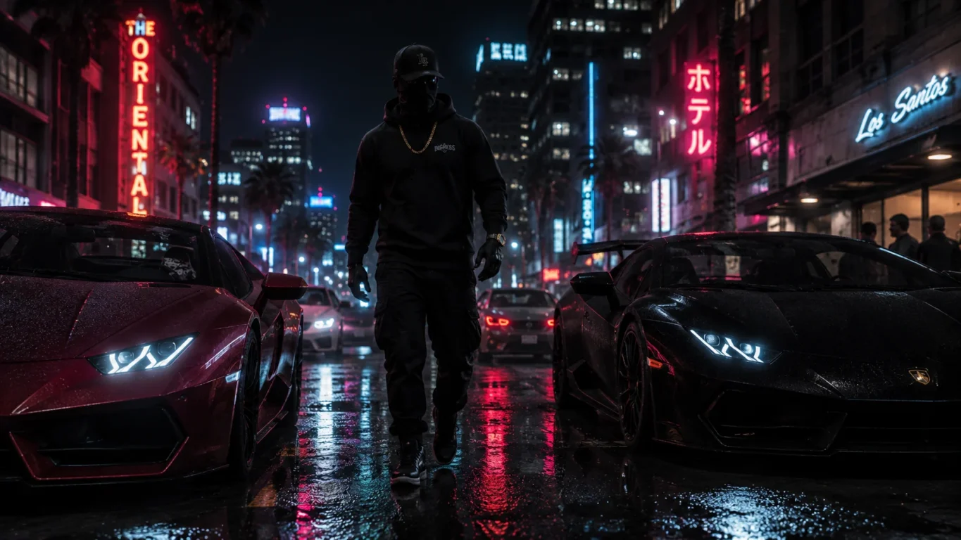 [Imagem: Personagem usando roupa escura e máscara caminhando entre carros esportivos em uma rua iluminada à noite.]
