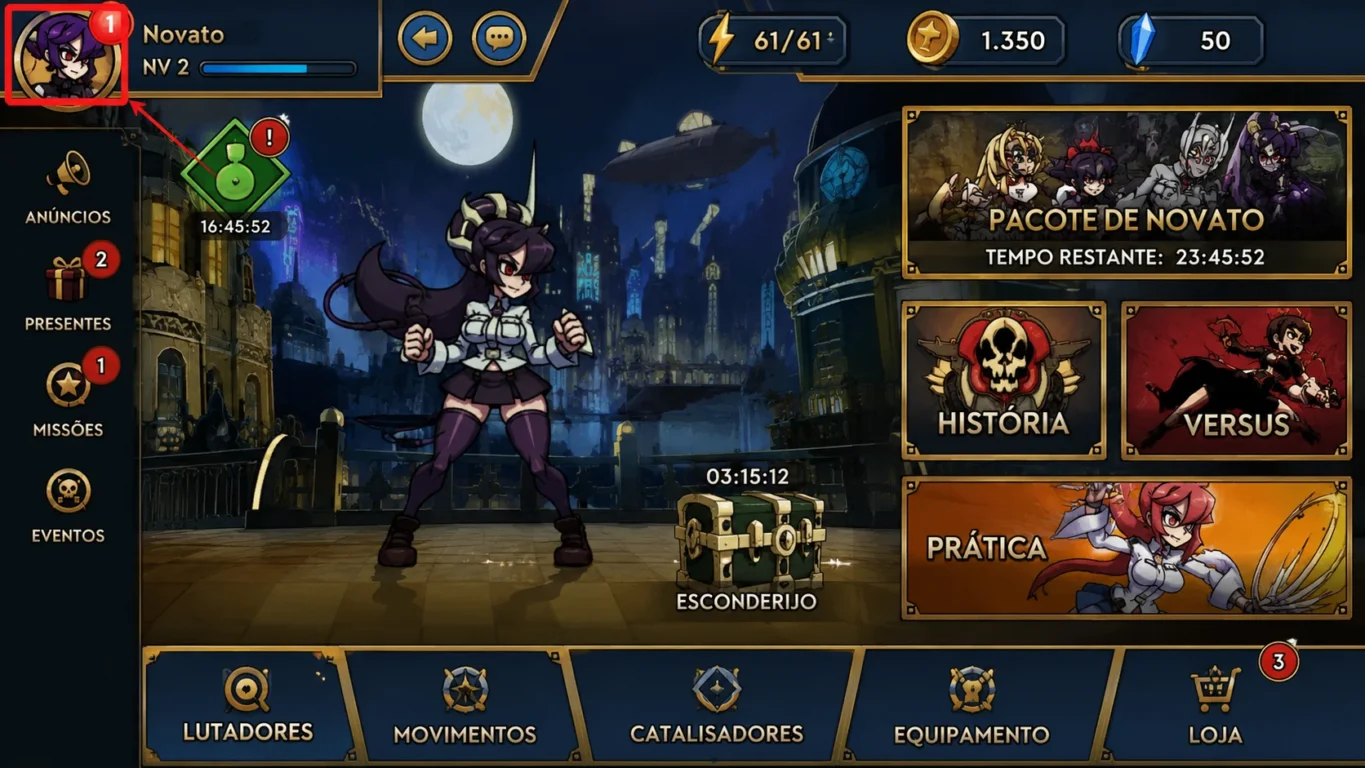 [Imagem: Tela inicial de Skullgirls destacando o avatar do jogador.]