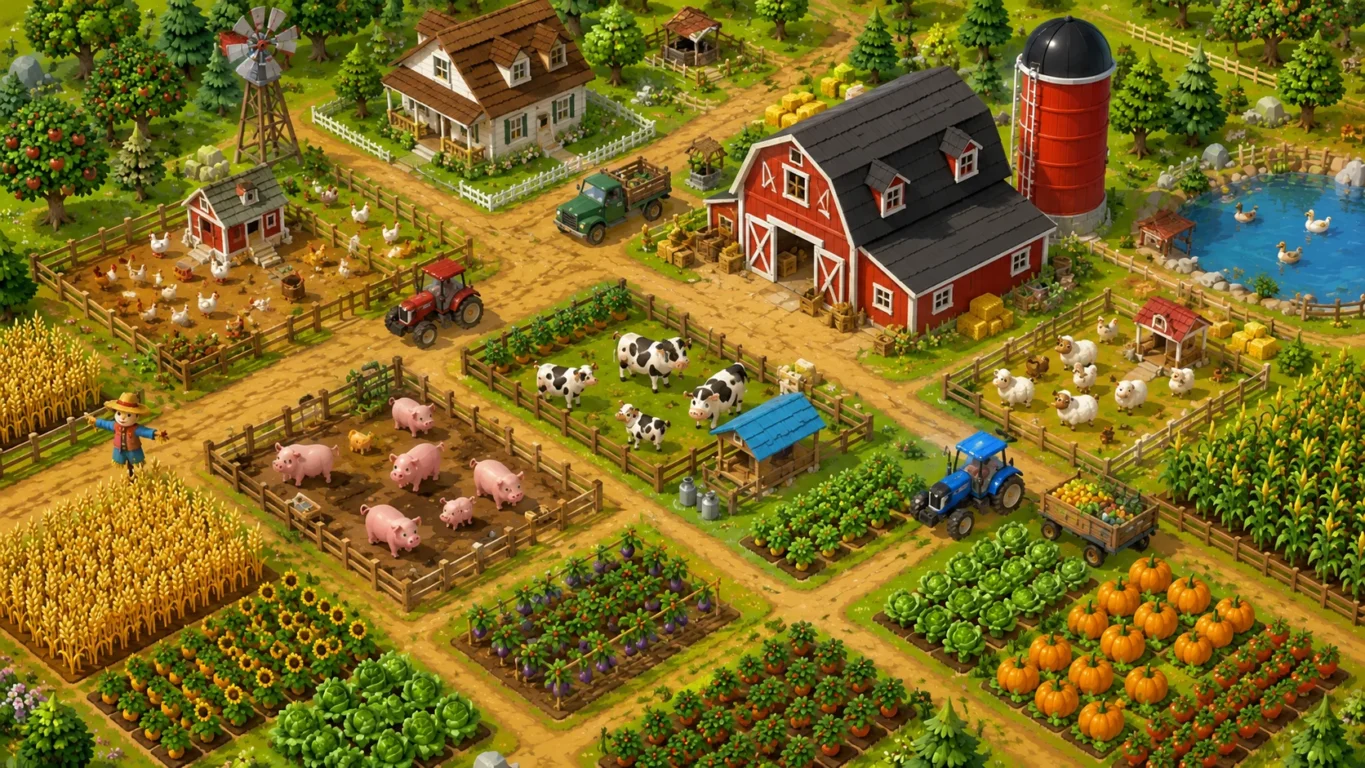 [Imagem: fazenda colorida com celeiro, moinho e plantações organizadas.]