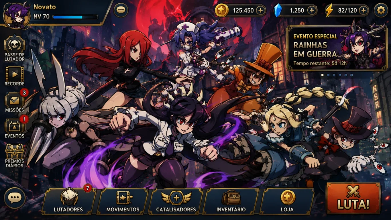 [Imagem: Personagens principais de Skullgirls reunidos em uma batalha com interface do jogo ao fundo.]