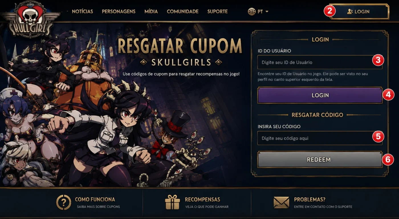 [Imagem: Página oficial de resgate de códigos mostrando o campo para inserir o cupom.]