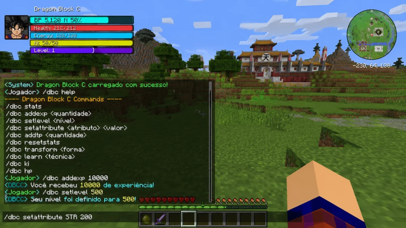 [Imagem: jogador utilizando comandos do Dragon Block C no chat do Minecraft]