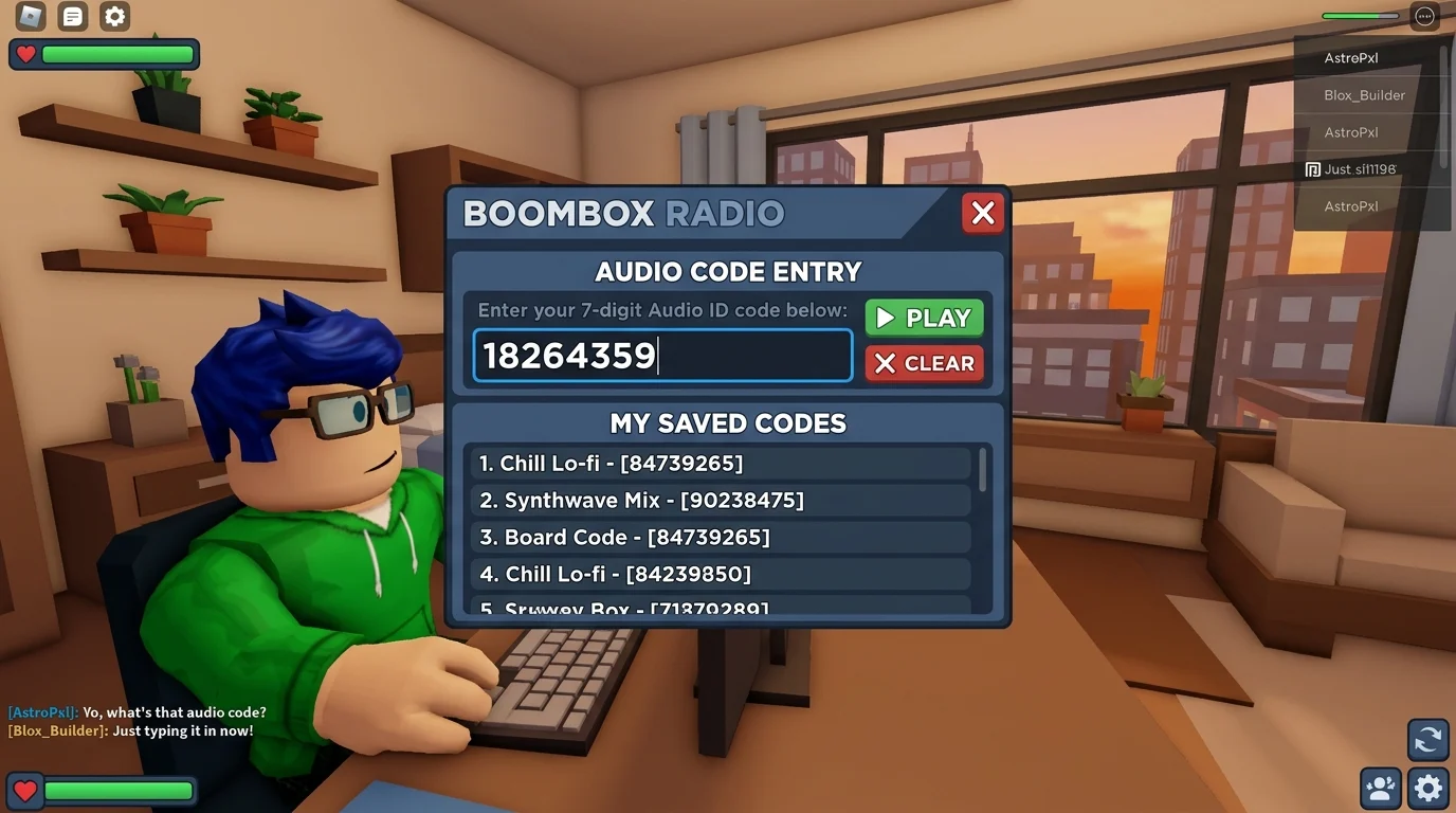 [Imagem: Interface de rádio do Roblox mostrando um jogador digitando um código de áudio.]
