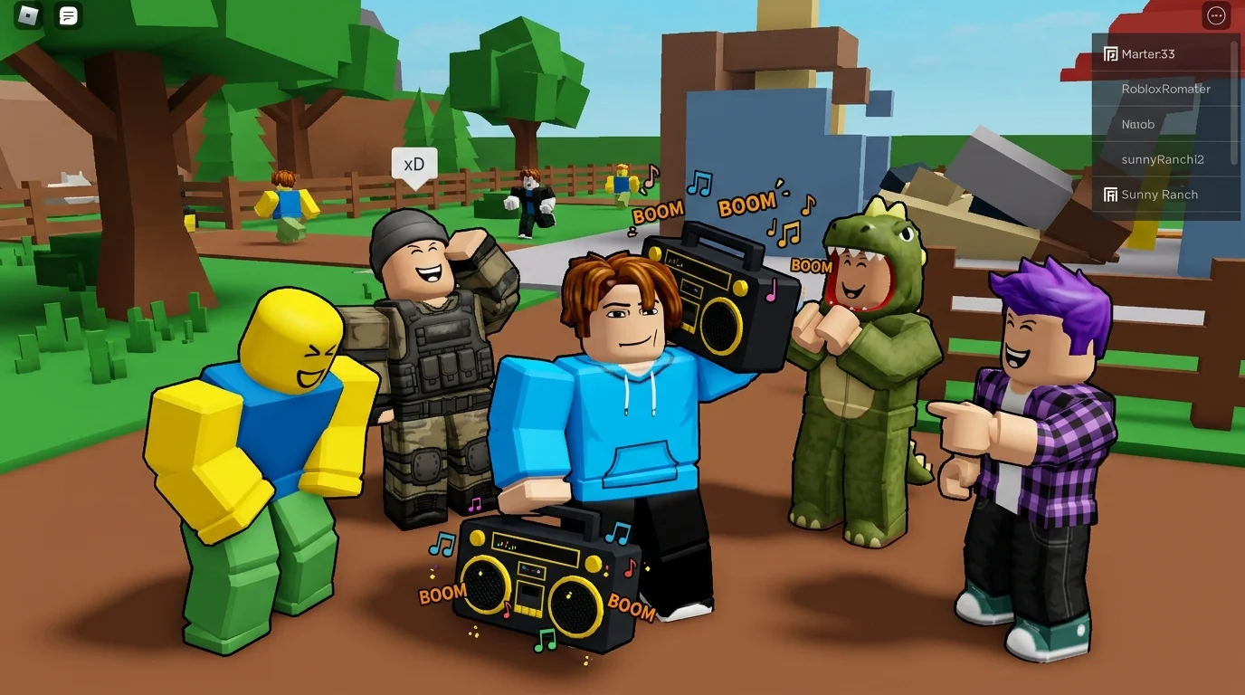 [Imagem: Personagem do Roblox usando uma boombox enquanto outros jogadores riem durante uma partida.]