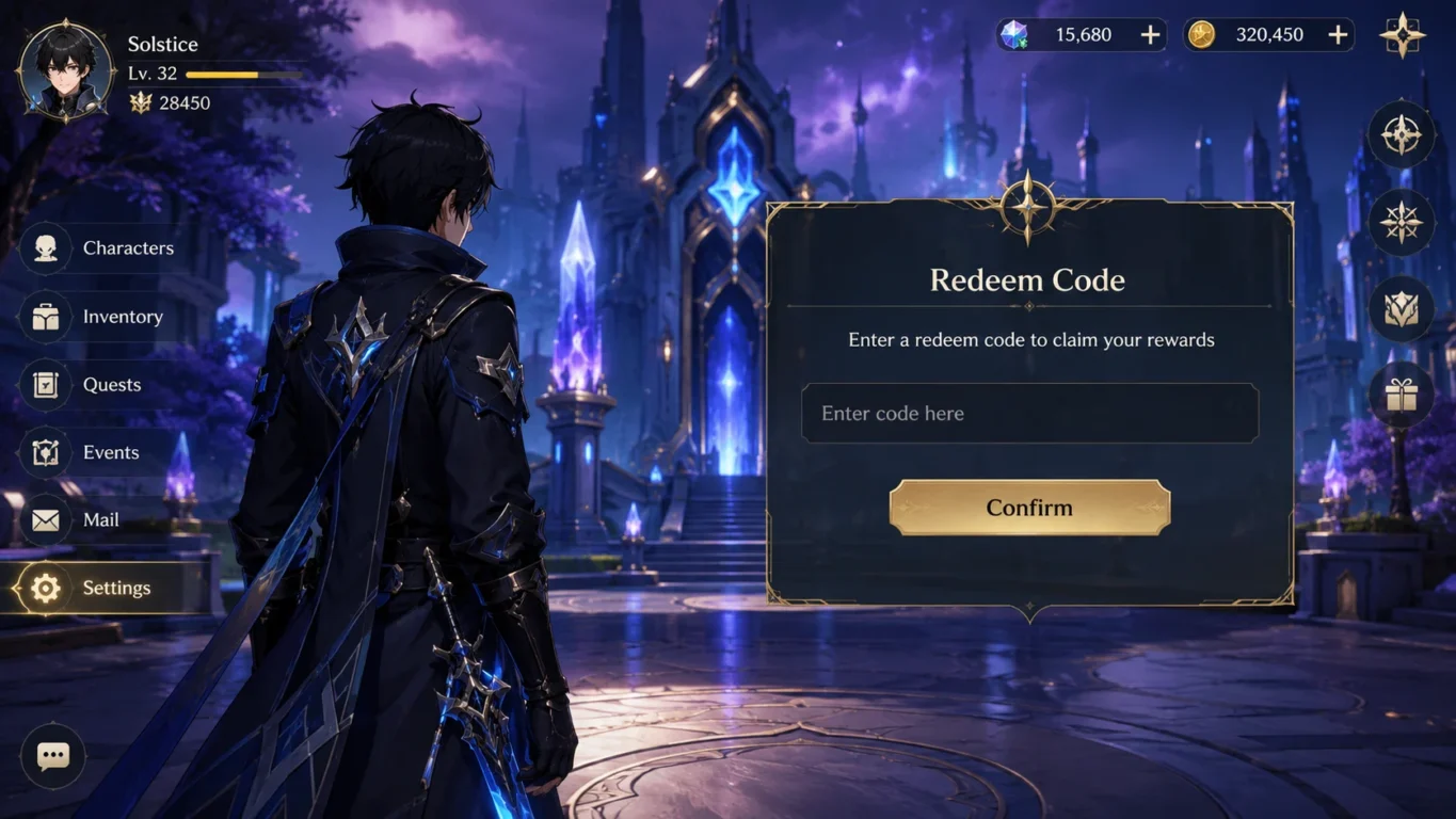 [Imagem: Tela do jogo Resonance Solstice mostrando um personagem diante da interface de resgate de códigos.]