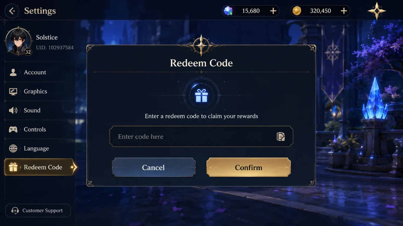 [Imagem: Interface de resgate de códigos com um campo de texto e o botão Confirmar.]