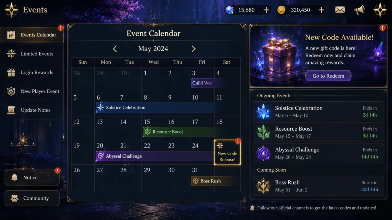 [Imagem: Calendário com eventos do jogo e notificações indicando novos códigos promocionais.]