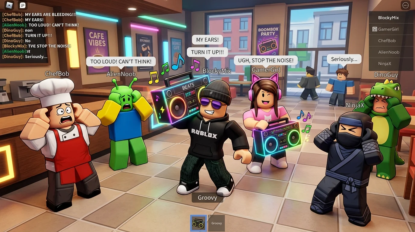 [Imagem: Jogadores em um servidor do Roblox utilizando boombox enquanto diversos personagens reagem com expressões engraçadas.]