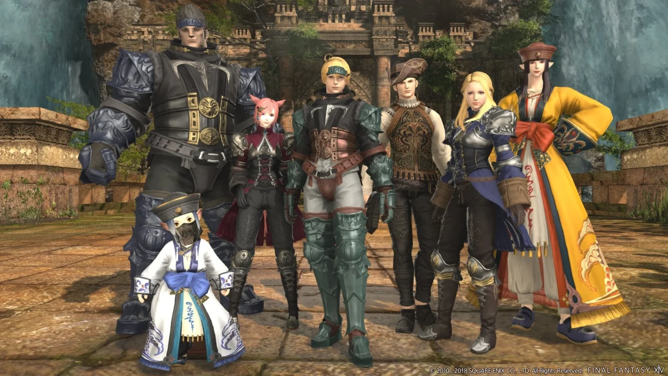 [Imagem: Um grupo de aventureiros enfrentando um gigantesco chefe em um cenário fantástico inspirado no universo Final Fantasy.]