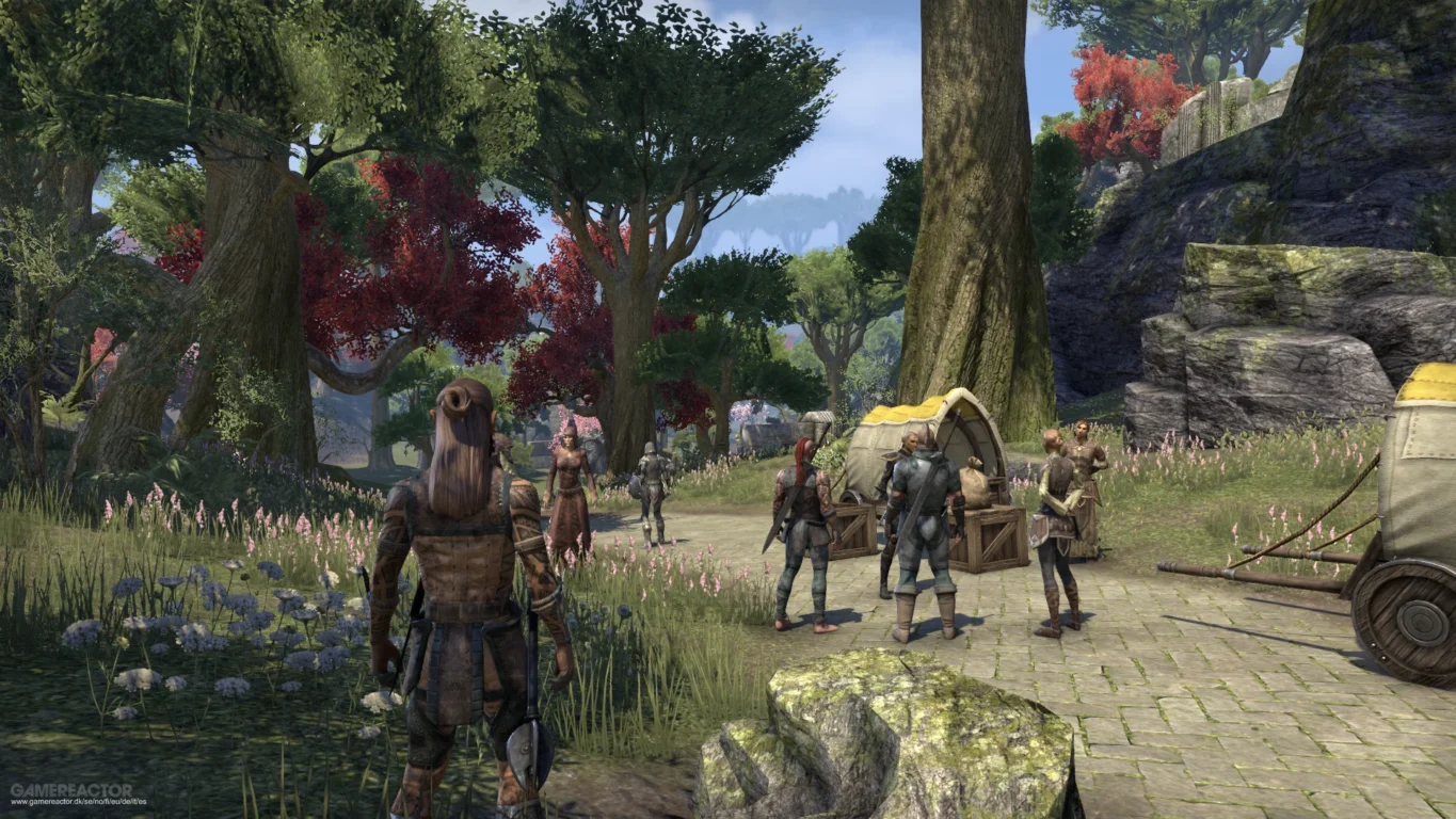[Imagem: Um aventureiro observando as vastas paisagens de Tamriel com montanhas, cidades medievais e ruínas antigas ao fundo.]