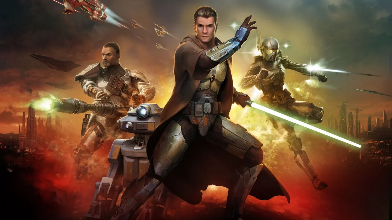 [Imagem: Um Jedi e um Sith duelando com sabres de luz diante de uma nave espacial.]