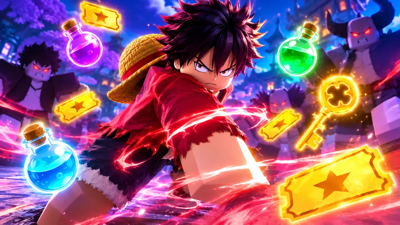[Imagem: Personagem de Anime Destroyers cercado por Tickets, Chaves e Poções brilhando enquanto enfrenta vários inimigos.]