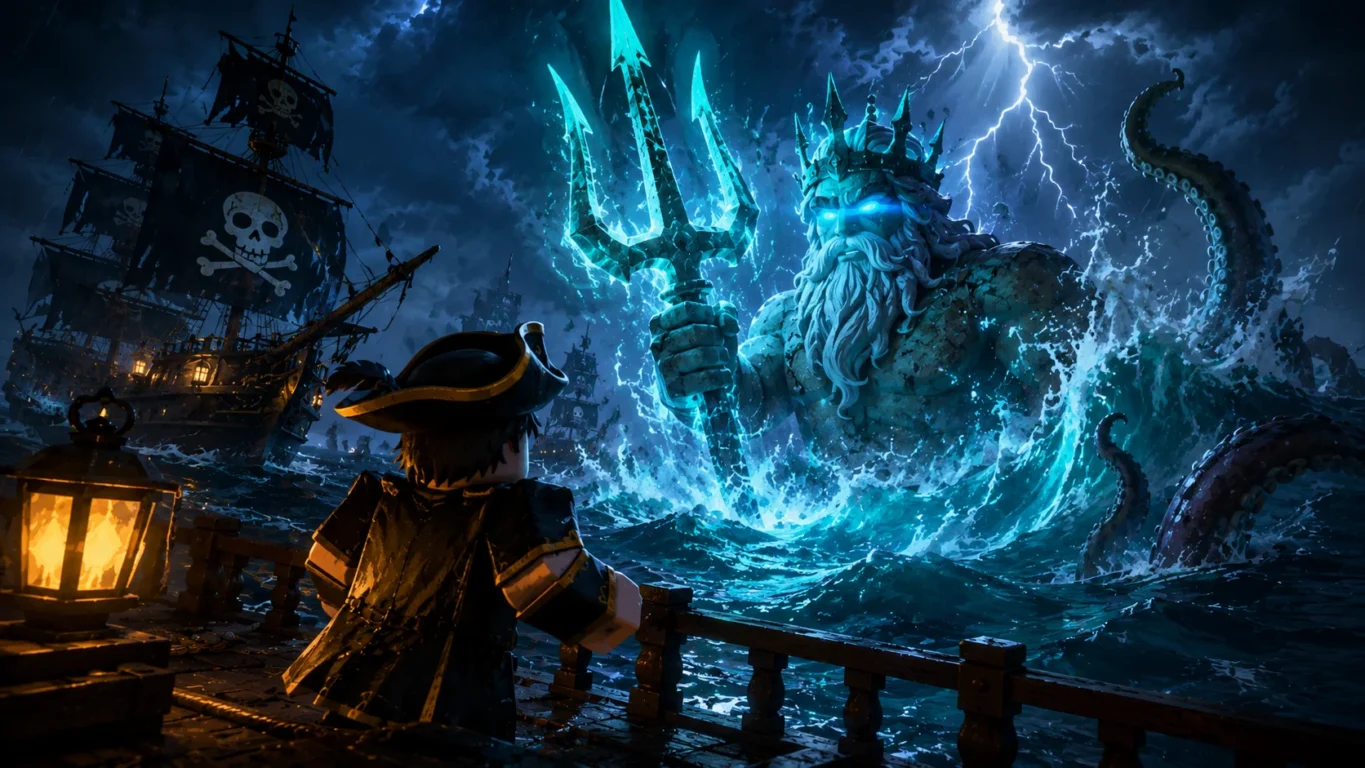 [Imagem: Evento marítimo inspirado em Poseidon com um enorme tridente surgindo do oceano em Dead Sails.]