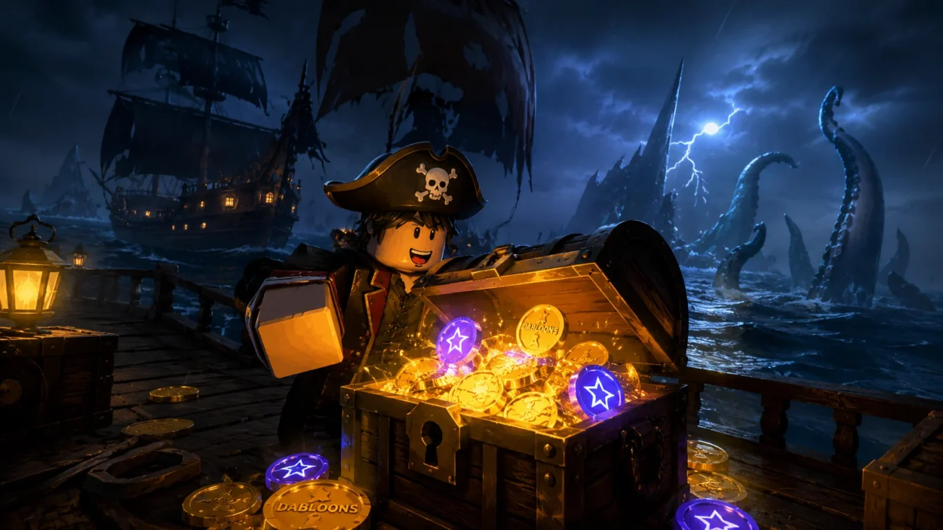 [Imagem: Personagem navegando por um mar sombrio em Dead Sails enquanto abre um baú repleto de Dabloons e Lucky Spins.]