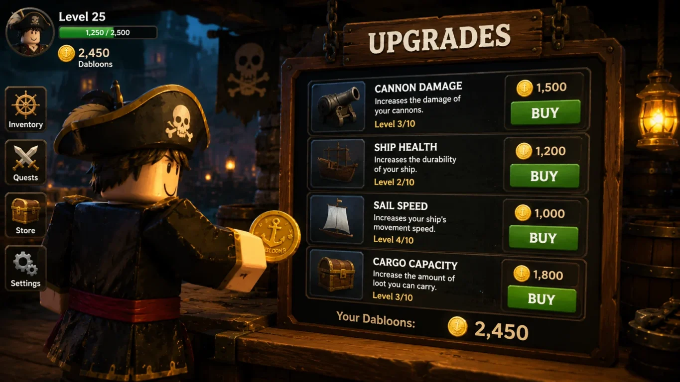 [Imagem: Interface do jogo mostrando um personagem comprando melhorias utilizando Dabloons.]