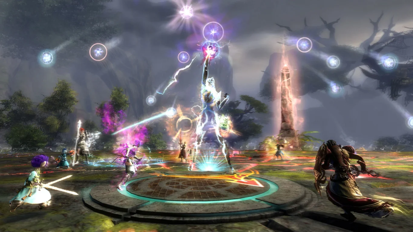 [Imagem: Grande evento mundial em Guild Wars 2 com dezenas de jogadores enfrentando um chefe colossal.]