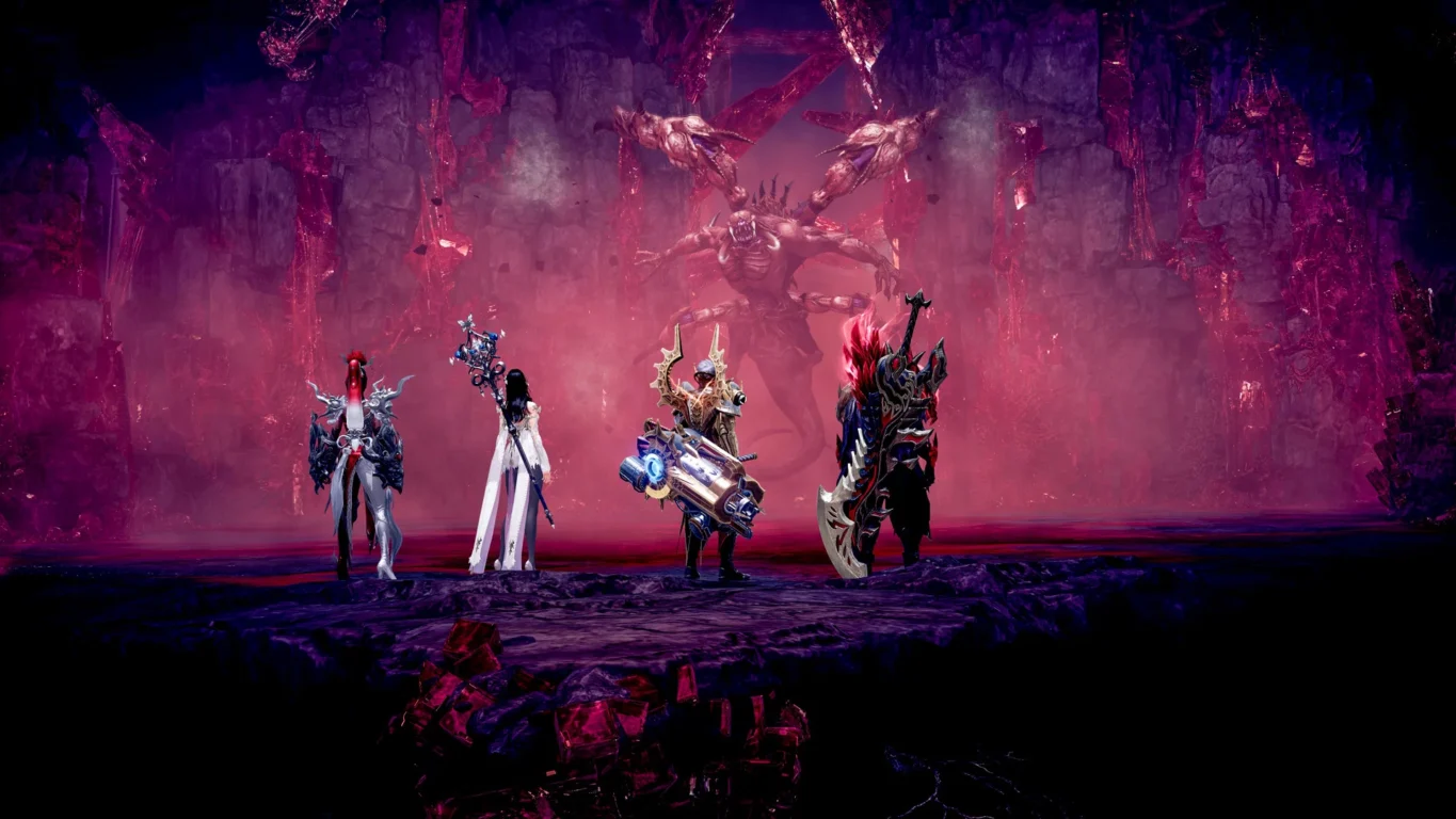 [Imagem: Grupo enfrentando um chefe gigantesco em uma dungeon de Lost Ark.]