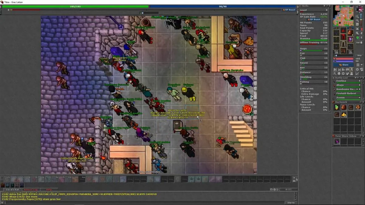 [Imagem: Grupo de aventureiros explorando uma dungeon clássica em Tibia.]