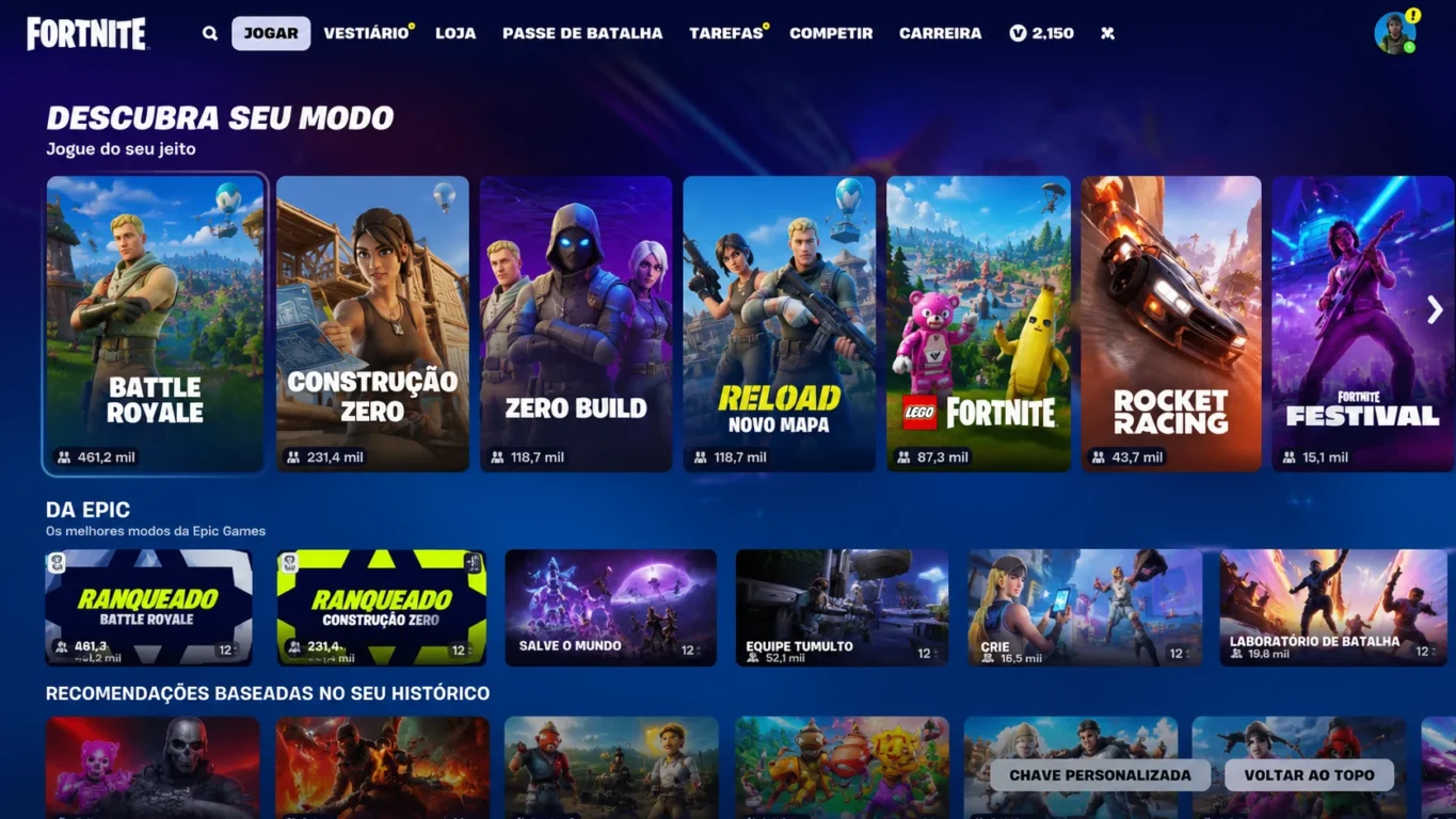 Imagem: tela inicial do Fortnite mostrando os diferentes modos de jogo