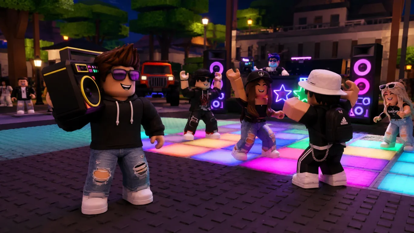 [Imagem: Jogador utilizando uma boombox em um servidor do Roblox enquanto outros personagens dançam ao redor.]