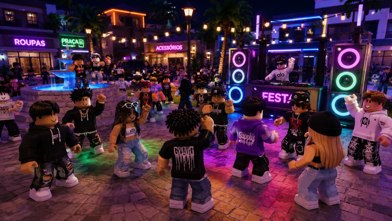 [Imagem: Grupo de jogadores reunidos em uma praça virtual do Roblox durante uma festa com caixas de som.]
