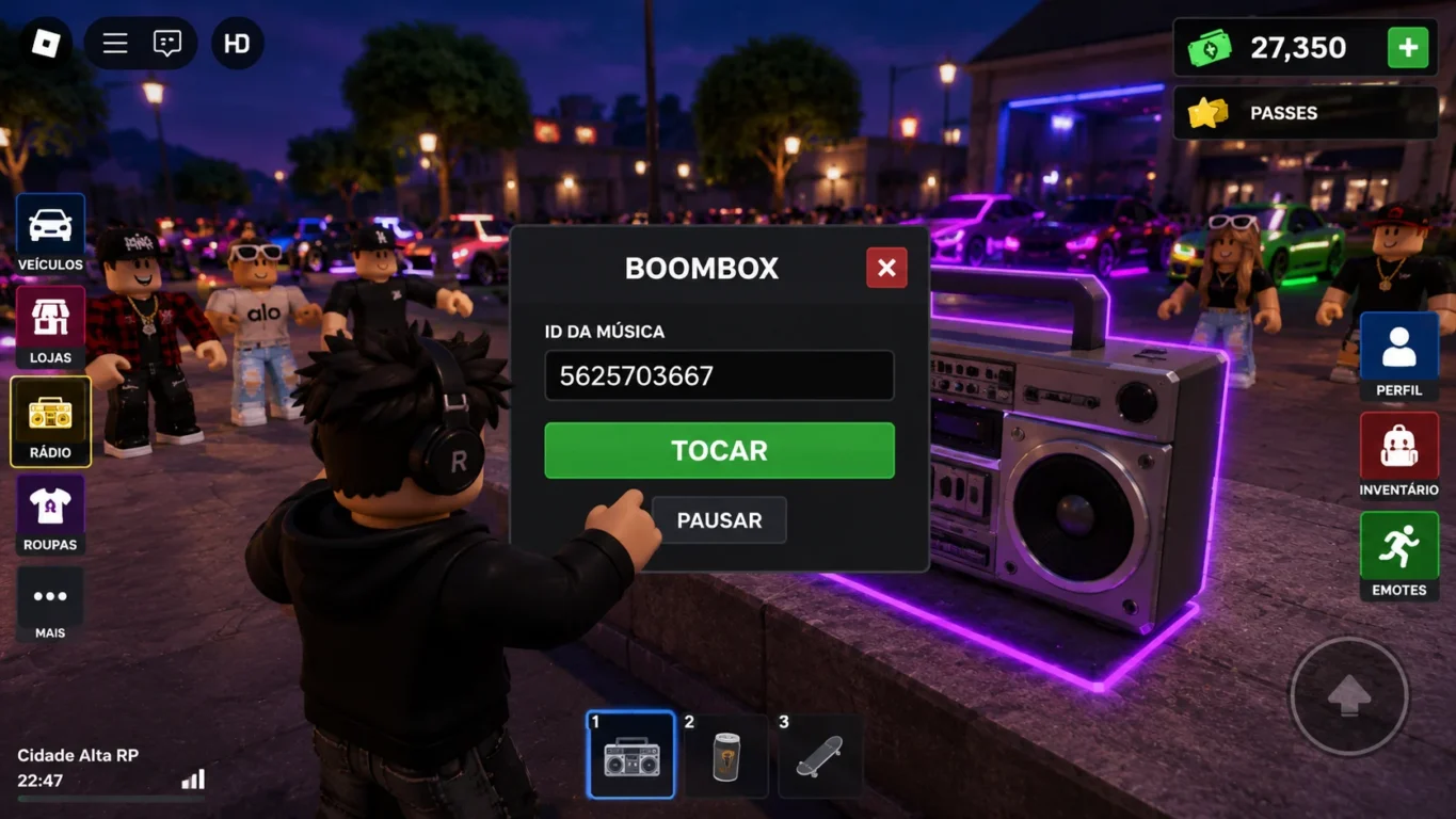 [Imagem: Interface do Roblox mostrando a inserção de um código de música em uma boombox.]