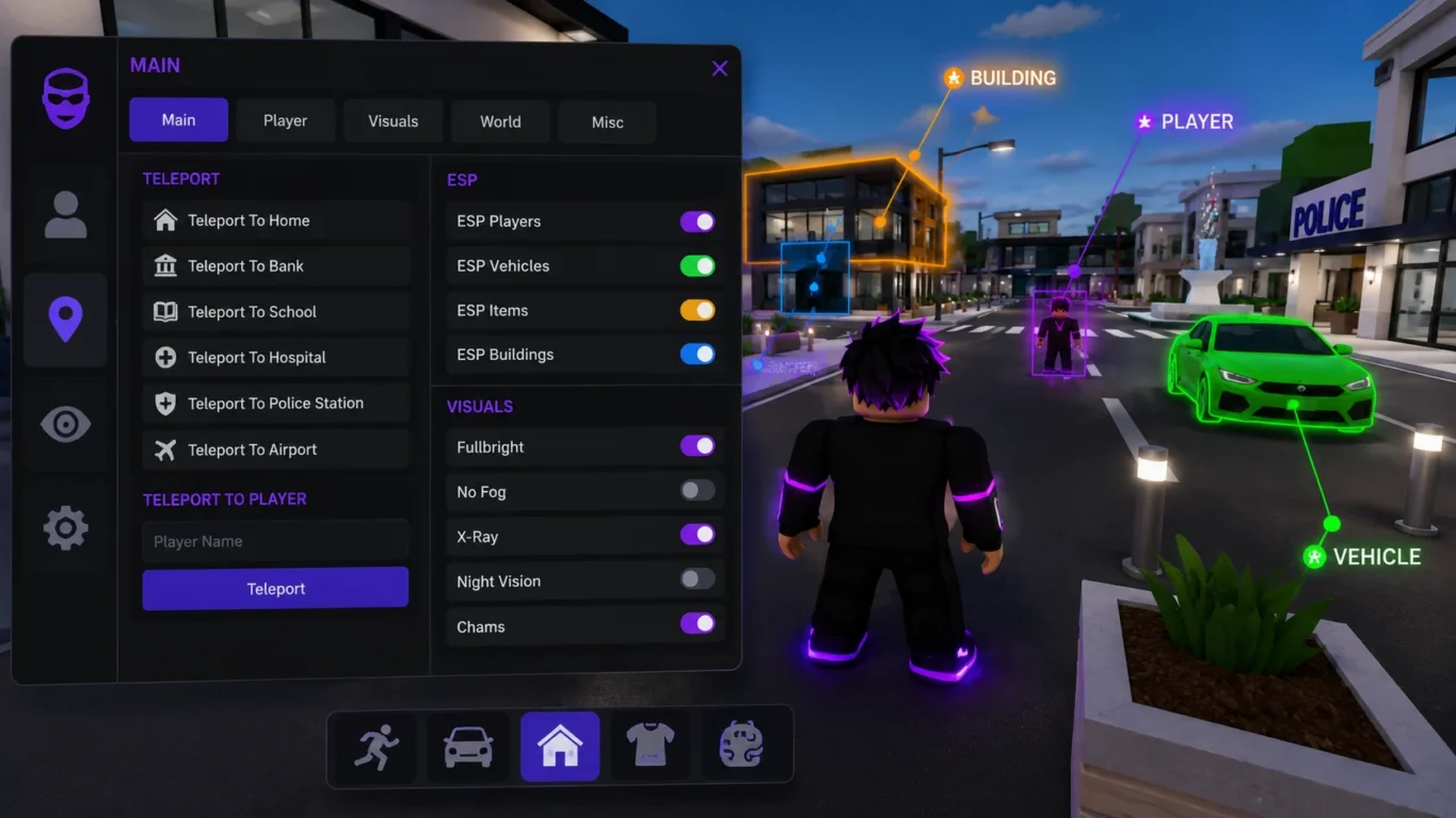 [Imagem: Interface de um hub exibindo opções de teleporte, ESP e recursos visuais dentro de Brookhaven RP.]