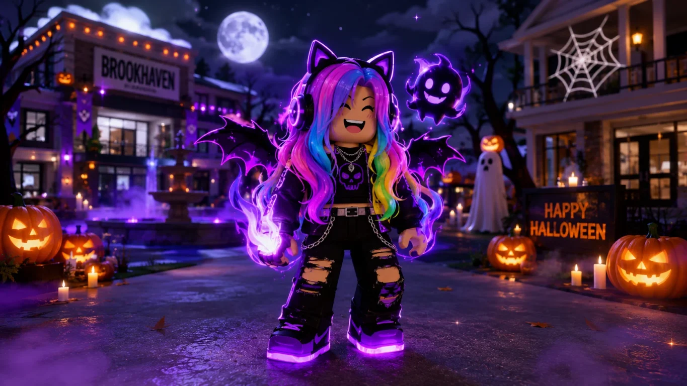 [Imagem: Personagem personalizado em Brookhaven RP com cabelo colorido, efeitos visuais e cenário de evento de Halloween.]