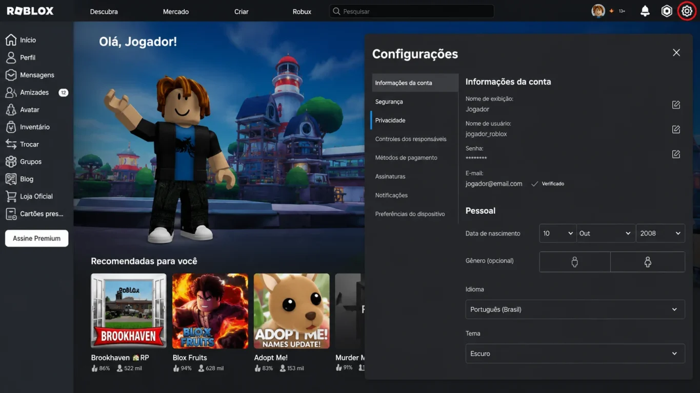 [Imagem: Tela inicial do Roblox mostrando o menu de configurações da conta aberto.]