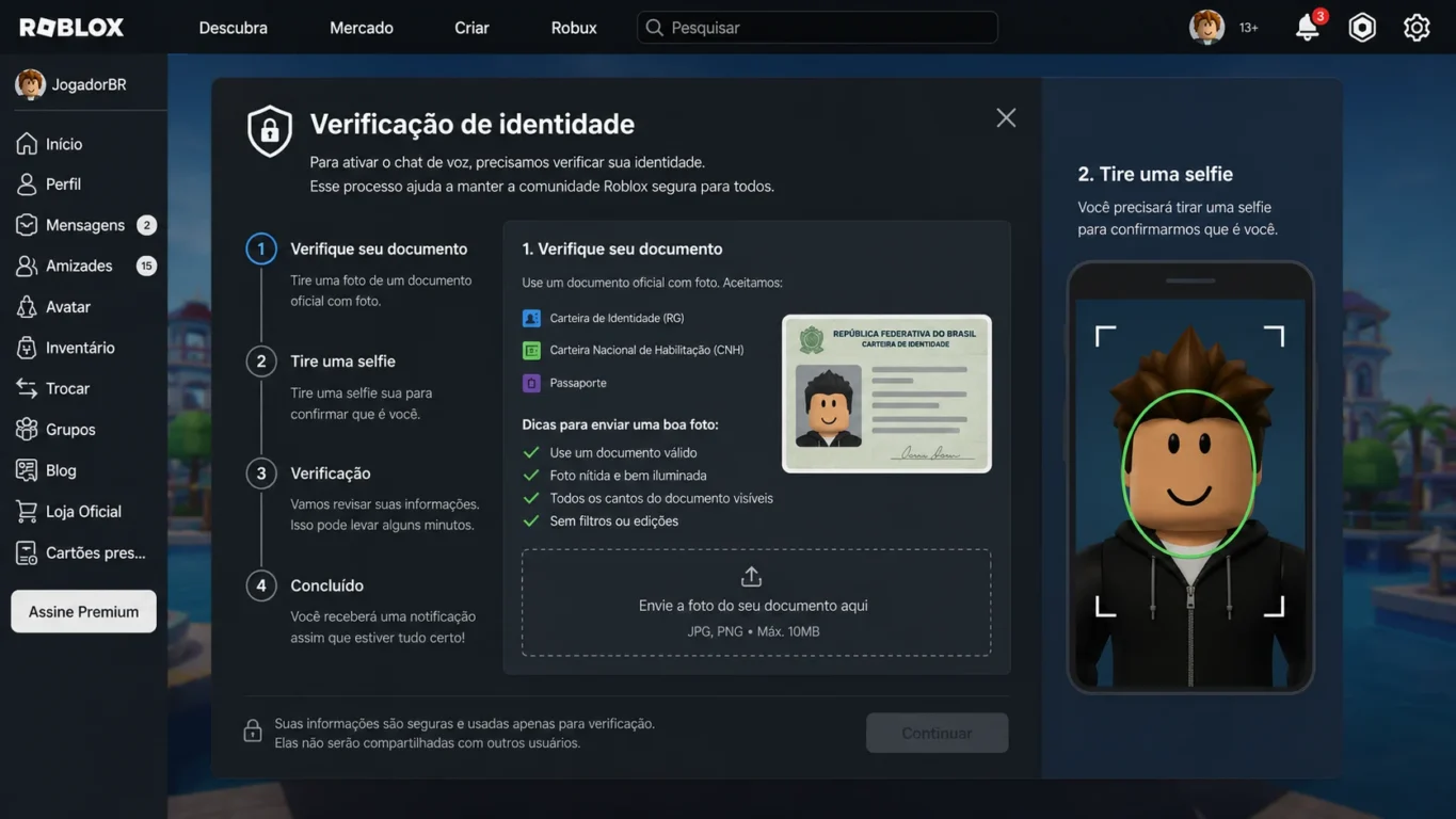 [Imagem: Exemplo ilustrativo do processo de verificação de identidade dentro do Roblox.]