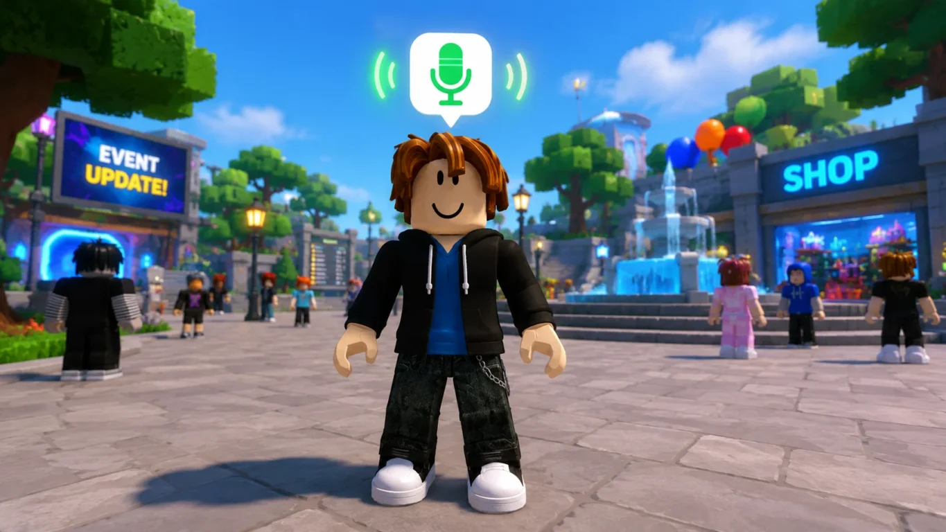 [Imagem: Personagem do Roblox com o ícone de microfone ativo acima da cabeça.]