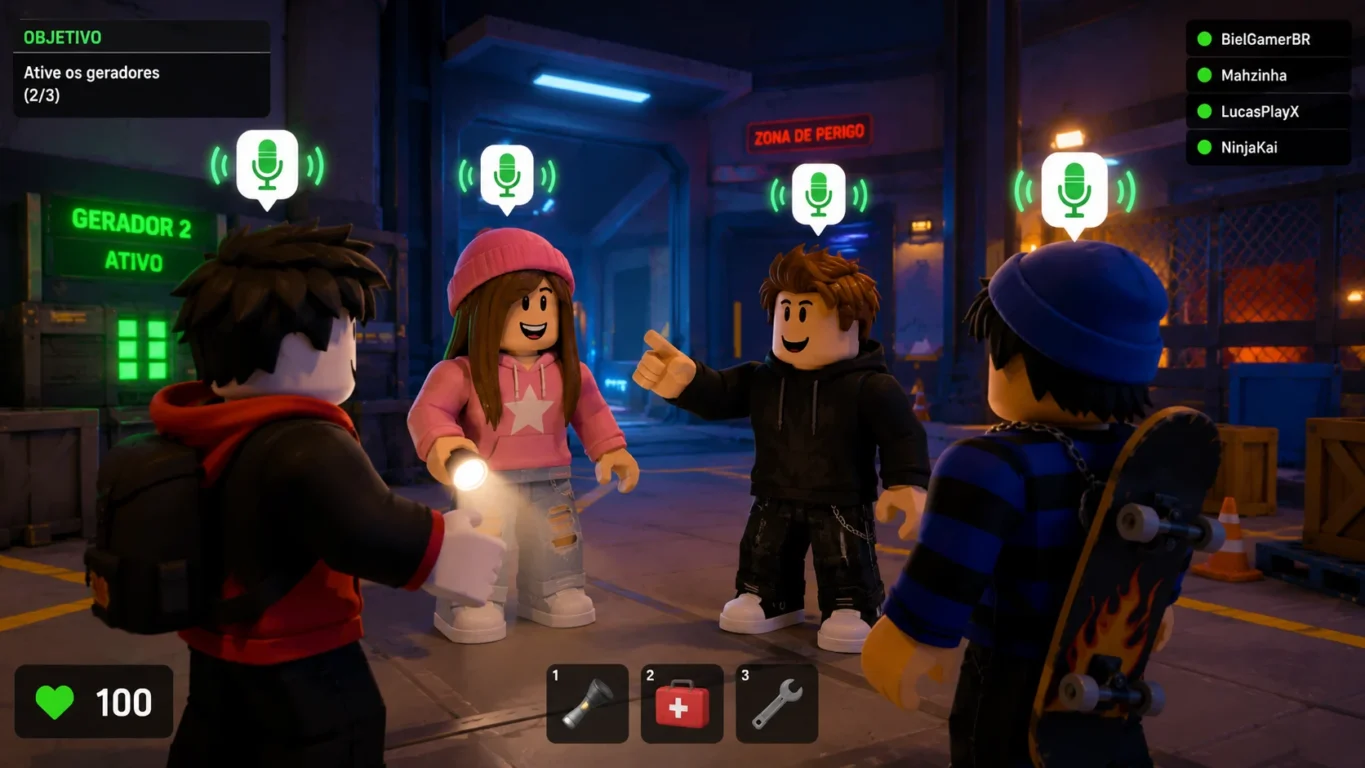 [Imagem: Grupo de jogadores cooperando em uma partida do Roblox utilizando chat de voz.]