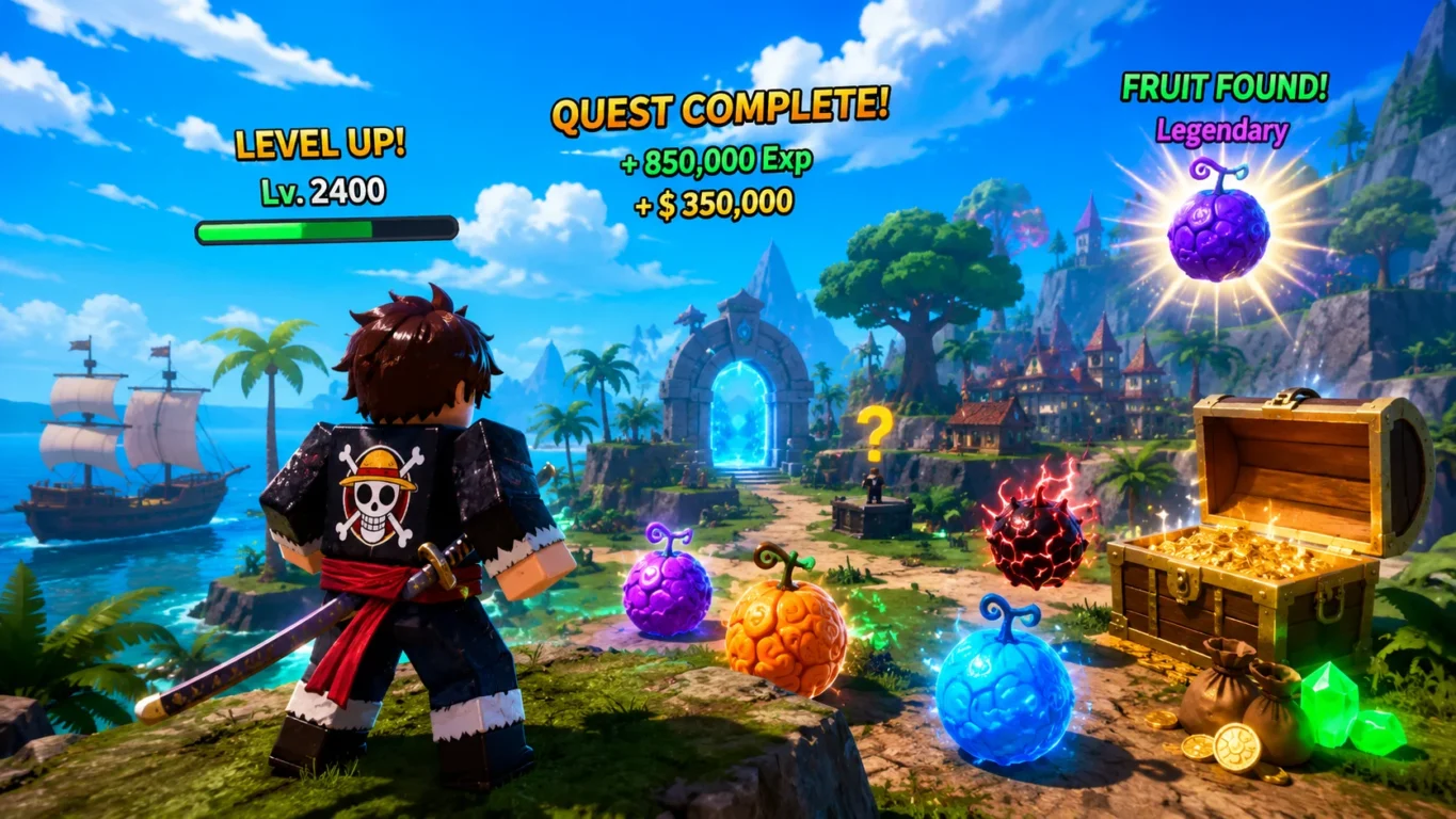 [Imagem: Personagem de King Legacy explorando uma ilha enquanto diversos recursos do jogo aparecem ao fundo.]