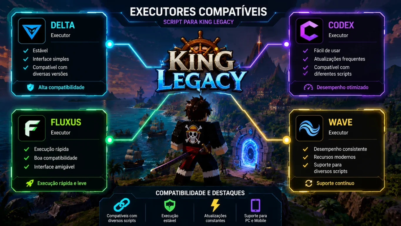 [Imagem: Ilustração mostrando diferentes executores compatíveis conectados ao universo de King Legacy.]