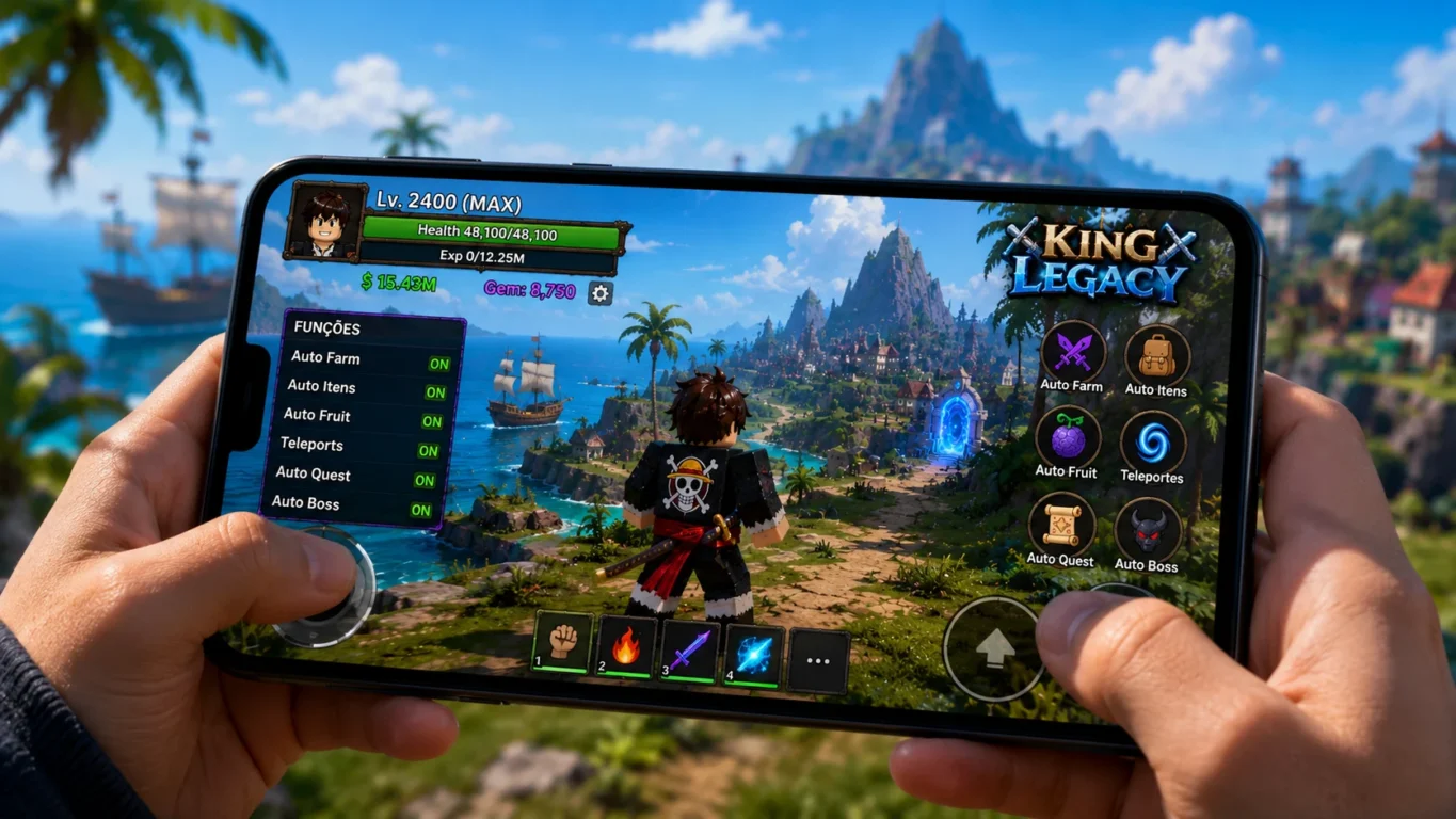 [Imagem: Smartphone exibindo uma interface inspirada em King Legacy enquanto o personagem explora uma ilha.]