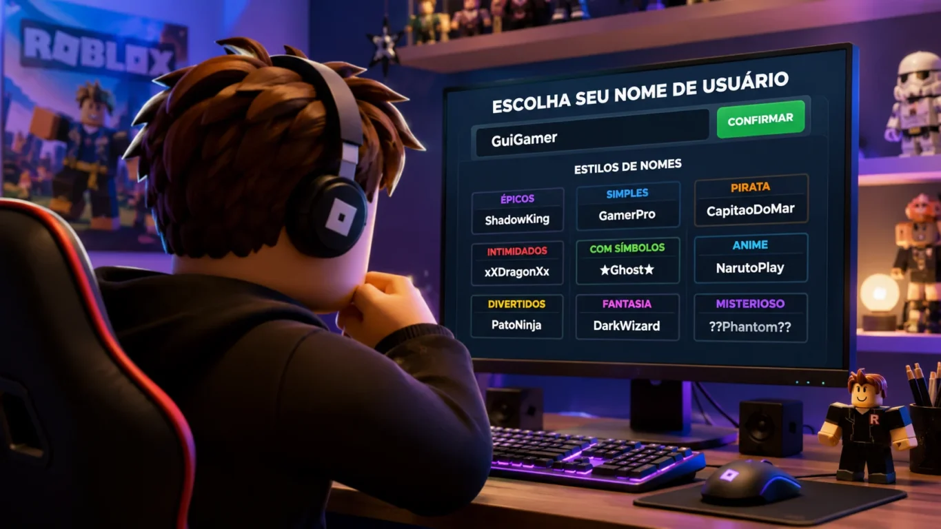 [Imagem: jogador do Roblox personalizando seu nome enquanto observa diferentes estilos de nick na tela.]