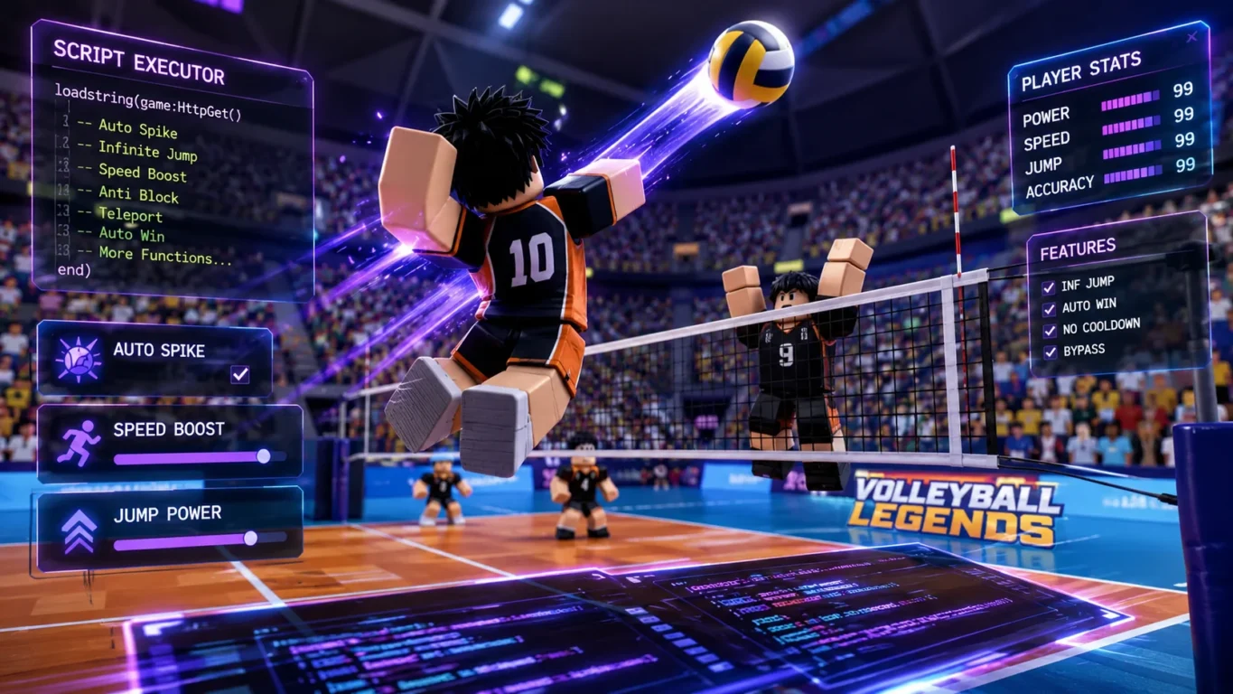 [Imagem: Jogador disputando uma partida de Volleyball Legends com elementos visuais que representem modificações e scripts.]